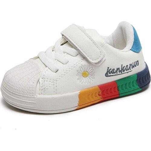 Bibihou Kids Shoes Spring Autumn Rainbow Soft Sole Comfy Velcro Print Chrysanthemum Fashion Anti-Slippery Toddler Sneakers Girls