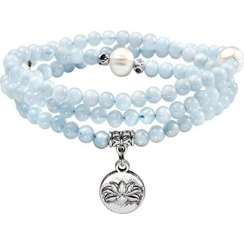 FYJS Unique Silver Plated Lotus Flower 6 mm Round Beads Aquamarines Crystal Bracelet Lapis Lazuli Temperament Jewelry