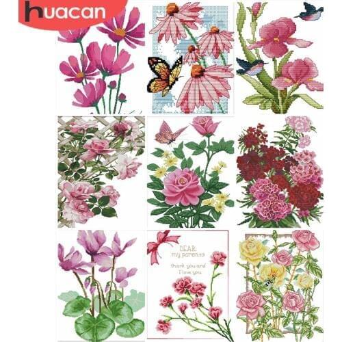 HUACAN DIY Cross-Stitch Flowers White Canvas Embroidery Needlework Sets Cross Stitch Flower 11CT 14CT Kits Gift Home Decor
