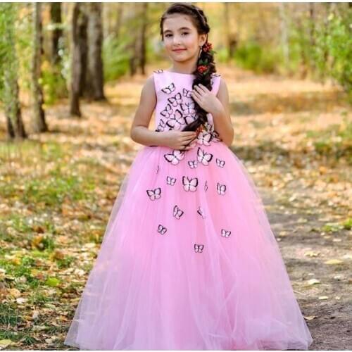 3D Butterfly Applique Pink Flower Girls Dresses Sleeveless Butterfly Lace Applique Girls Celebrity Princess Gowns Custom