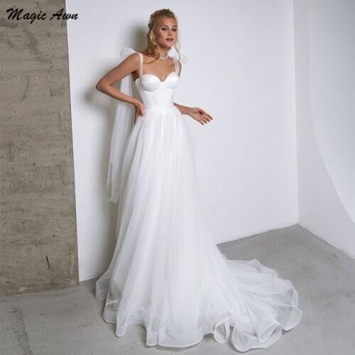 Magic Awn Simple White Tulle Wedding Dresses Boho Bow Spaghetti Straps A-Line Beach Wedding Party Gowns Abito Da Sposa 2021