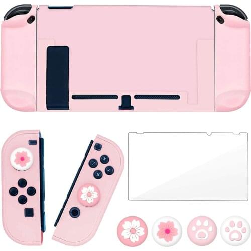 Pink Dockable Protective Case Cover For Nintendo Switch Joy-Con Controllers Glass Screen Protector and 4 Thumb Grips