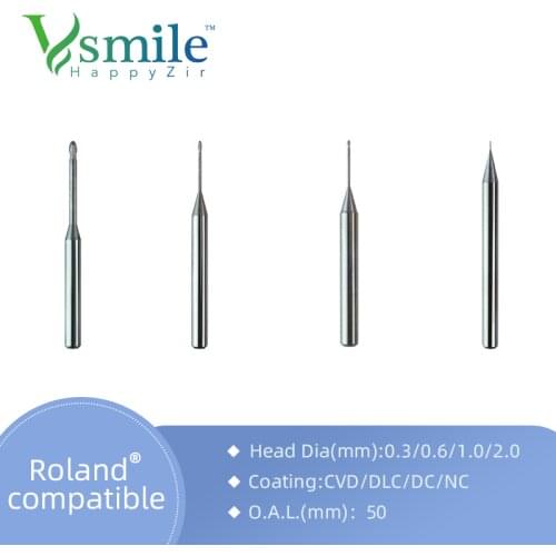 Dental Lab For Roland DLC Zirconia Milling Burs By Diamond Like Coating Carbide Ceramic Burs Head Dia 2.0mm 1.0mm 0.6mm 0.3mm