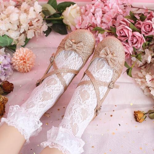 Lolita Shoes Japanese Mid-heel Cross Lace Up Crystal Princess Fairy Shoes Flat Vintage Sweet Lolita Shoes Princess Kawaii Girl