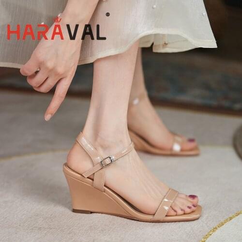 Women Sandals Shoes High Heels Patent Leather Casual Genuine Leather Buckle Strap Concise Solid Adult Height Increasing ShoeB271
