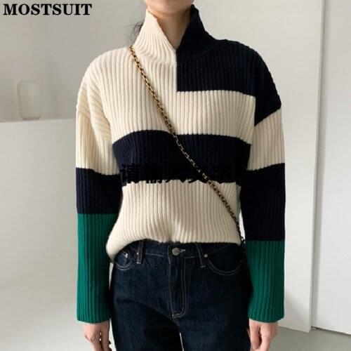 Long Sleeve Striped Woman Sweaters Autumn Winter 2021 Fashion Pullovers Contrase Color Half High Collar Knitted Jumpers Tops