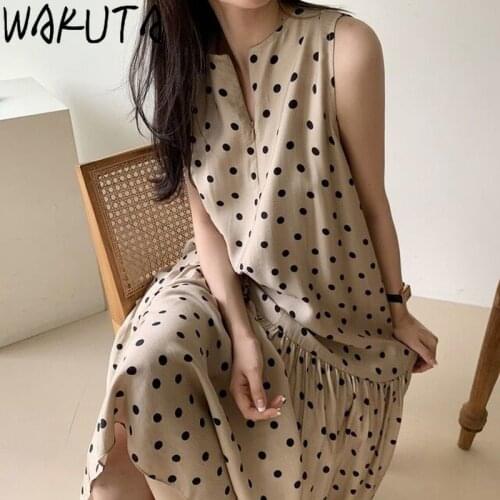 WAKUTA Dot Print Elegant Loose Chiffon Midi Vest Dressesfor Ladies Korean Japanese Style Summer Casual Zipper Sleeveless Dress