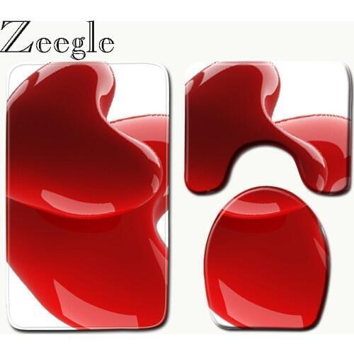 Zeegle 3pcs Non-Slip Bath Mats Set Bathroom Carpet Rug Toilet Mat Set Heart Pattern Bathroom Mat Set Coral Fleece Floor Mats