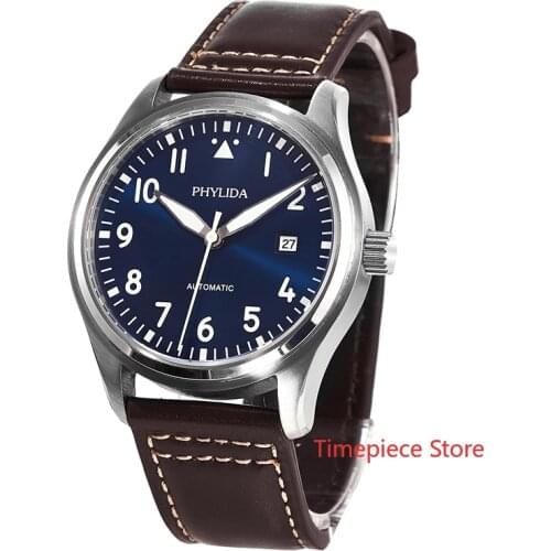 5ATM WR 42mm Blue Dial Pilot Watch Little Prince JAPAN MIYOTA Automatic Domed Sapphire Crystal Green Lume Genuine Leather Strap