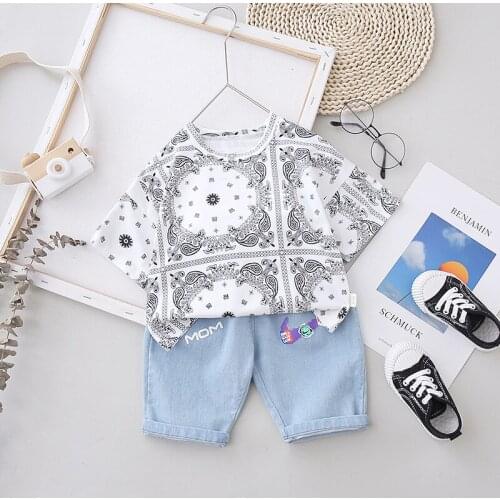 Kids Summer Clothing Suit 2021 New Personalized Printing Clothes Infant Baby Boys Handsome T-Shirt+Jeans Toddler Girls Clothes