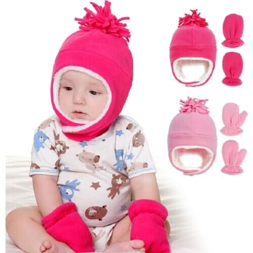 Child Winter earwarmer Hat And Gloves Set Boy Girls Warm Plush Hat 2 Piece Sets Child New Outdoor Ski Cap Kids Pom Pom Hat H157S