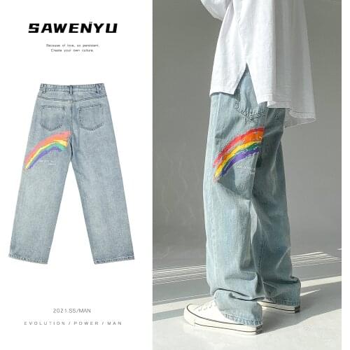 Mens Rainbow Printed Jeans 2021 Fashion Woman Casual Oversize Denim loose Pants Korean Streetwear Male Jeans for men