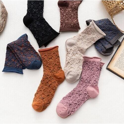 Ethnic Style Harajuku Retro Vintage Streetwear Ruffle Socks Autumn Winter Cotton Long Socks for Woman Print Kawaii Cute Socks