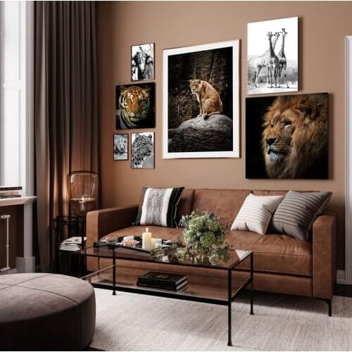 Animal Lion Tiger Giraffe Leopard Cow Prints & Poster Black and White Canvas Art Wall Home Decorative Picture for Living Room
