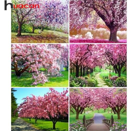Huacan Diamond Painting Cherry Tree Diamond Embroidery Mosaic Spring Landscape Wall Decoration Home Decor