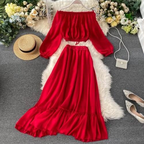Womens Clothing Sets Two Pieces Long Sleeve Slash Neck Crop Top And Long Skirts 2021 New Spring Fashion Ladies Chiffon Suit Set