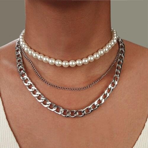 Trendy Punk Strand Pearl Necklaces Womens Thick Chain Imitation Pearl Multilayer Alloy Necklaces Jewelry for Girls