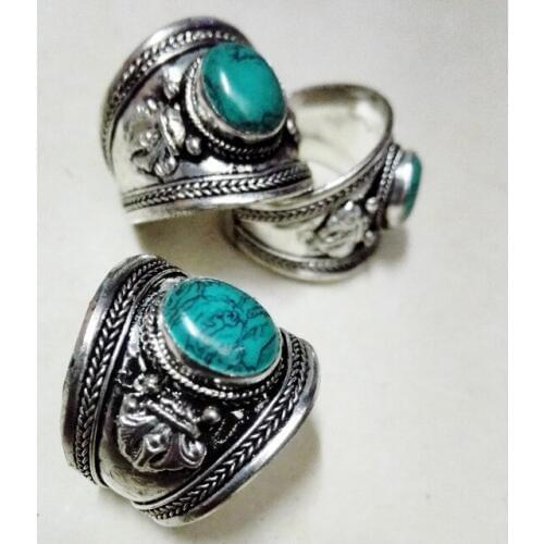 Fashion Jewelry Old Tibet Silver green oval stone Bead Wide Ring Buddhism Nepal Ring Adjustable size Unisex Gift one ring