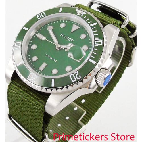 BLIGER 40mm green dial ceramic bezel luminous nylon strap sapphire glass automatic movement mens watch