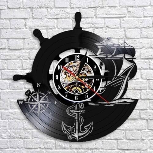 Anchor Ship Naval Compass Sailors Vinyl Record Wall Clock Handmade Sailing Gifts Vintage Nautical Wall Decor Home Art Wall Clock