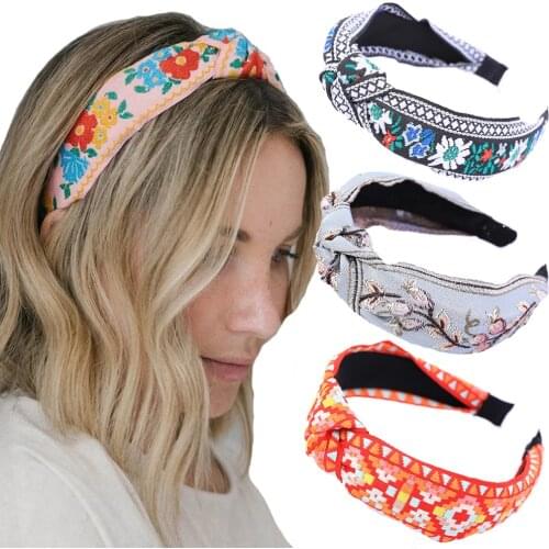 Female Ethnic Elastic Hairband Embroidery Flower Headband Head Bezel for Women Cross Knotted Hair Hoop Headwear Hair Accessories