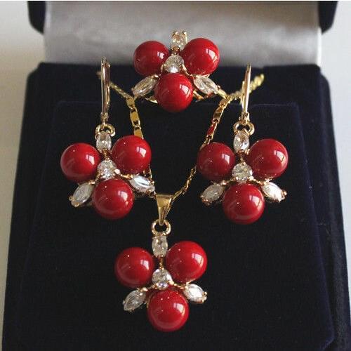 Prett Lovely Womens Wedding HDT558 shipping>>>>>>Charming 8mm Pink Shell Pearl Earring Pendant Ring #7/8/9 Jewelry Set