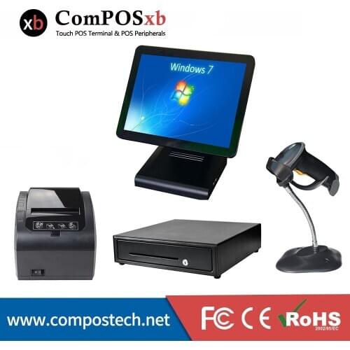 Retail pos system 15 inch touch screen point of sale system with printer/ cash drawer/barcode reader all in one pos terminal