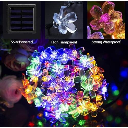 Solar Flower Lawn Lamps IP44 Cherry Blossoms String Lights Outdoor Fairy Light for Patio Garden Fence Christmas Holiday Decor
