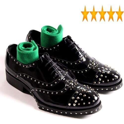 Oxford Carved for Handmade Rivet Real Leather Top Personality Lace Up Quality Brogue Shoes Men Plus Size Black
