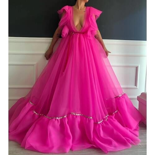 Hot Pink Tulle A-line Tulle Evening Dresses 2021 Ruffles A-line Tutu Prom Gowns Deep V-neck Formal Dresses