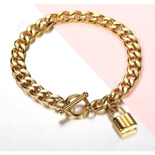 Vintage Lock Charm Punk Bracelet for Men Women 8mm Gold Color Stainless Steel Cuban Curb Link Chain Jewelry Party Gift DDB298A