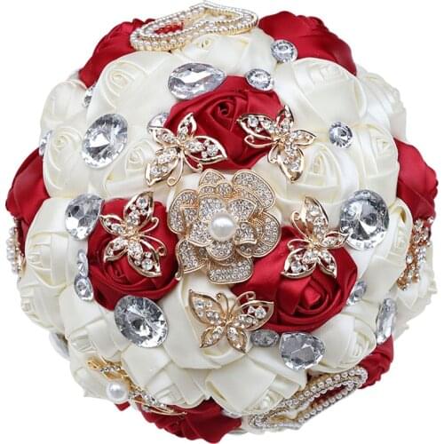 Korean Bride And Bridesmaid Pearl Rhinestone Hand Bouquet Ribbon DIY Bouquet Wine Red Wedding Supplies W576