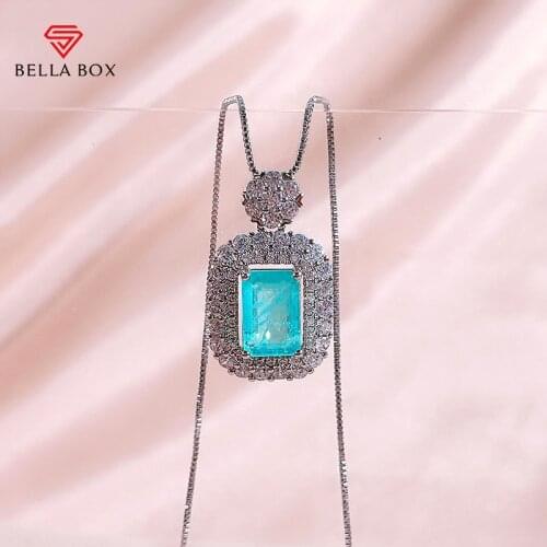 Bella Box Paraiba Pendant Necklaces For Women 925 Sterling Silver Zircon Luxury 8*12mm Rectangle Anniversary Fine Jewelry