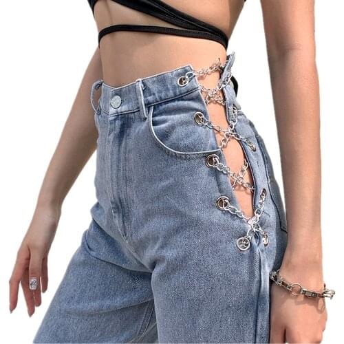 2021 Woman Leisure Streetwear Commute High Quality Strgight Pants Mujer Harajuku High Waist Hollow Out Chain Design Slim Jeans
