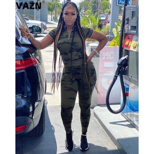 VAZN New arrival 2020 summer sexy lady camouflage 2-piece set short sleeve V-neck tees longh pants set casual daily special sets