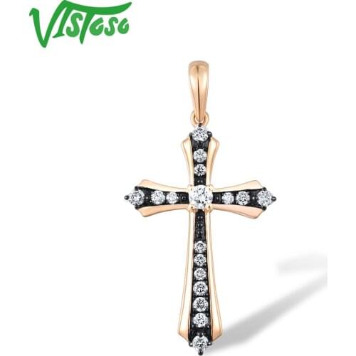 VISTOSO Pure 14K 585 Rose Gold Pendant For Women Sparkling Diamond Brown Diamond Cross Pendant Classic Trendy Gifts Fine Jewelry
