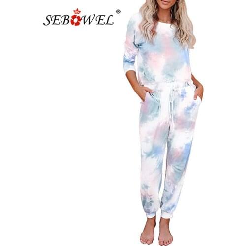 SEBOWEL Womens 2-Piece Tie Dye Home Sports Suit Long Sleeve Pullover and Drawstring Sweatpants Spring Autumn Female Tracksuits