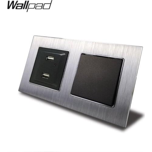 1 Gang Switch and USB Ports Wallpad 110V-240V AC Silver Metal Panel Double Frame 2 Way Switch + USB Charging Ports with Clips