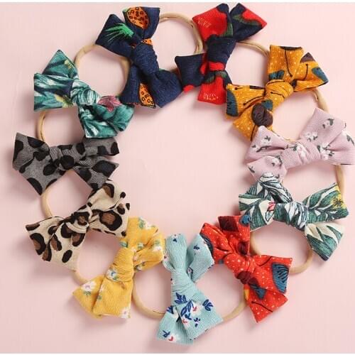 11pcs Floral Prints Corduroy Bows Nylon Headbands,One Size Fit Most Knot Bows Nylon Hairbands,Baby Girls Hair Accessories
