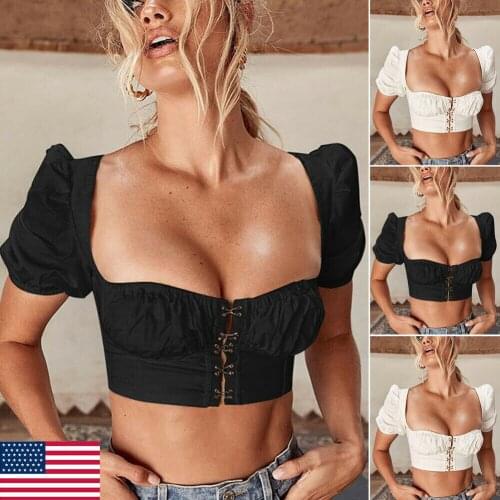 2019 Vintage Chic Women Summer Bandage Crop Tops Palace Style Ladies Sexy Square Neck Crop Top Short Sleeve Vest T Shirt Tops