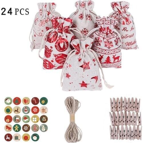 24sets Christmas Advent Calendar Bags Xmas Party Decoration Gift Wrapping Linen Bags Hanging Candy Gift Bags With Clips Stickers