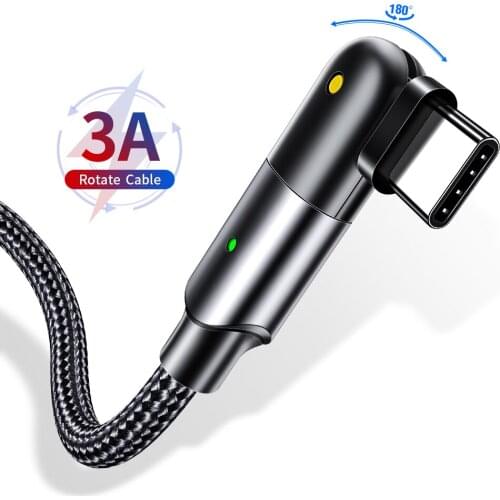 3A USB Type C Cable 180 Degree Rotate Fast Charging LED USB-C Wire Cord Charger For Samsung S10 Xiaomi TypeC Mobile Phone Cable
