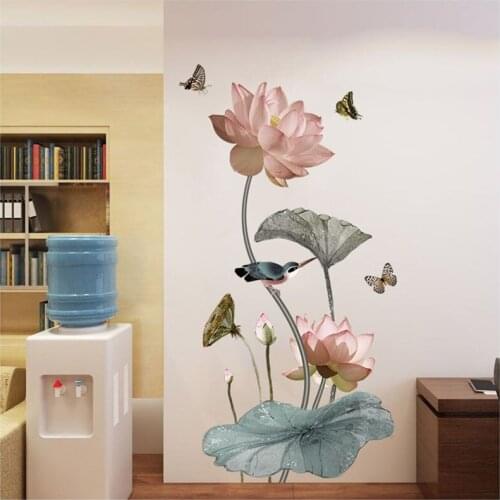 65x120 Lotus Flower Stickers Traditional Wallpaper Ink Lotus Wall Decal Vinyl Lotus Wall Artwork Sticker For Bedroom Decoration