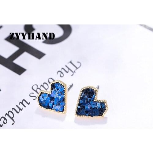 Sequined Women Heart Stud Earring Girl Party Champagne Golden Color Fashion Lady Ear Jewellery