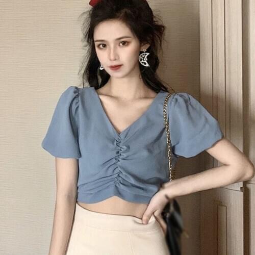 Women Blouses Sexy Korean Solid Color v-Neck Puff Sleeve Slim Blouse Top Shirt Chiffon Shirts One Size Vetements Femmes