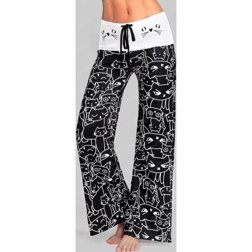 Women Wide Leg Pants Casual Cat Prints Drawstring Pants Leggings High Waist Tracksuit Bell Bottom Pant Running Sport Trousers