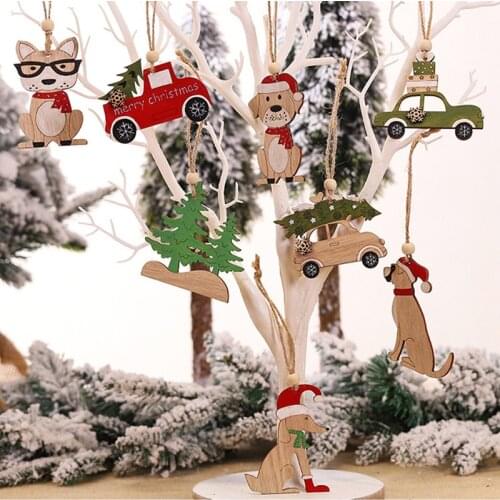 Wooden Christmas Tree Decorations Cute Cartoon Puppy Mini Car Ornaments Christmas Decorations for Home New Year Decor 2022