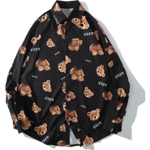 Hip Hop Streetwerar Long Sleeve Shirts Autumn Decapitation Bear Print Harajuku Hawaiian Beach Shirt Mens Cotton Loose Shirt Tops