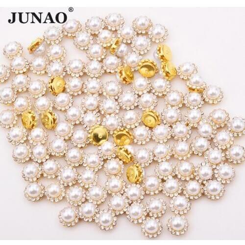 JUNAO 8 10 12 mm White Pearl Sewing Rhinestone Round Acrylic Stones Applique Gold Claw Pearl Beads Flower Pearls for DIY Clothes