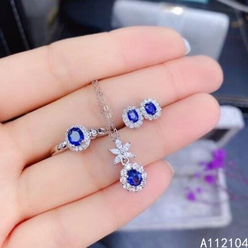 KJJEAXCMY fine jewelry 925 sterling silver natural sapphire women vintage plant gem earrings ring pendant necklace suit support